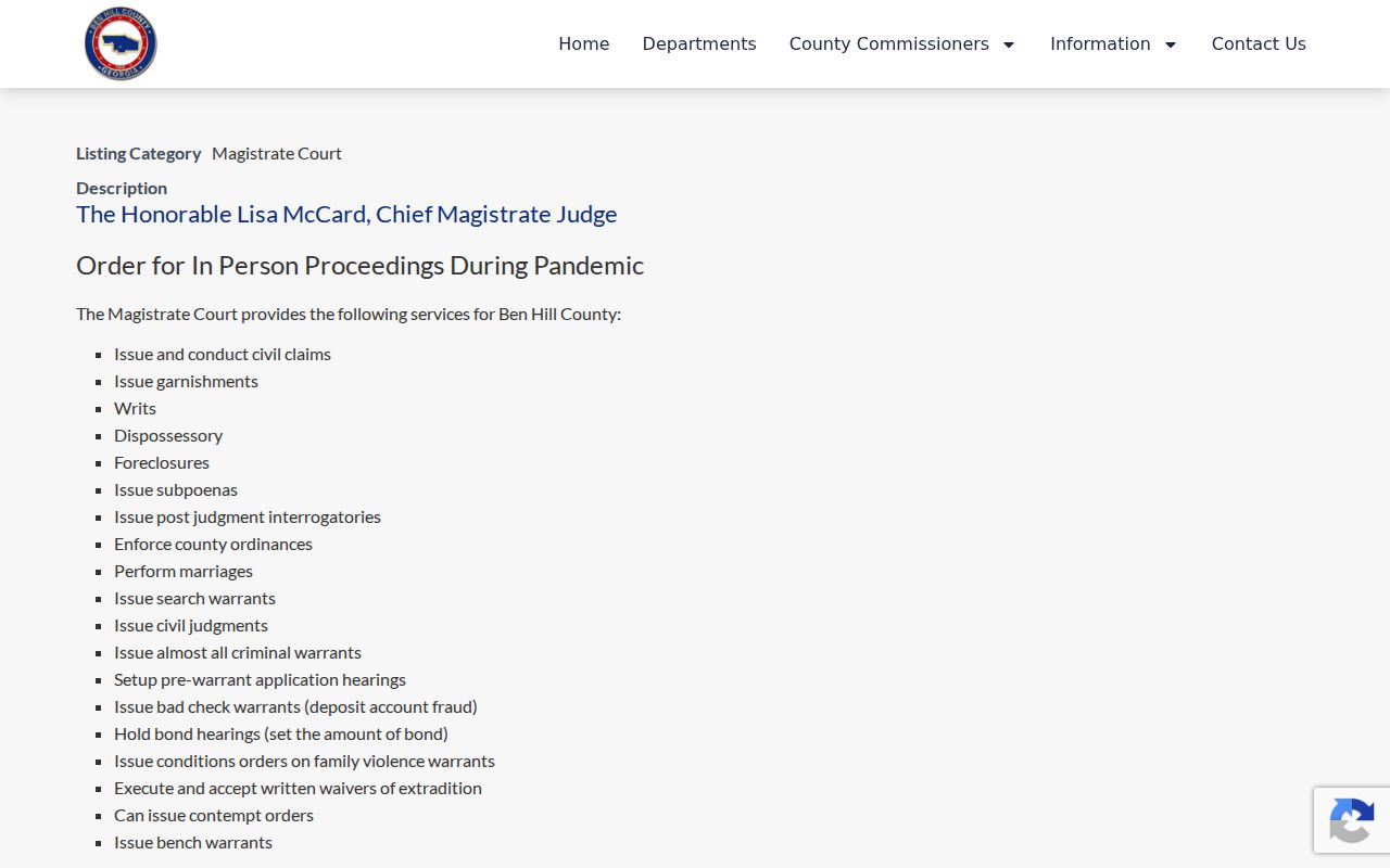 Ben Hill Magistrate Court warrant and bond functions