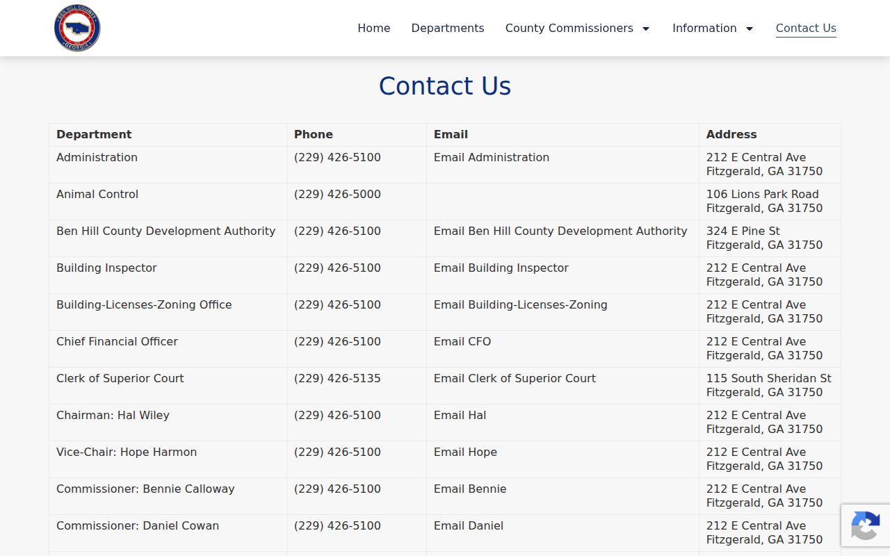 Ben Hill County department contact directory